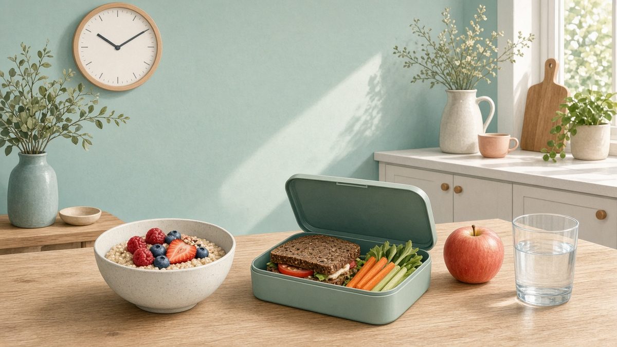 Et lyst køkkenbord med en tallerken morgenmad, en madpakke og et ur på væggen, der symboliserer en rolig dagsrytme